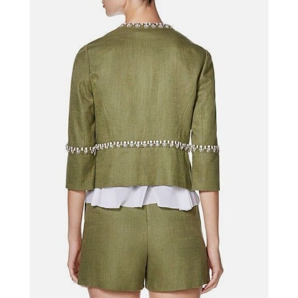 NEW! TORY BURCH Avery Hills Embellished Jacket Linen Blend Green SZ 4 - Picture 5 of 16